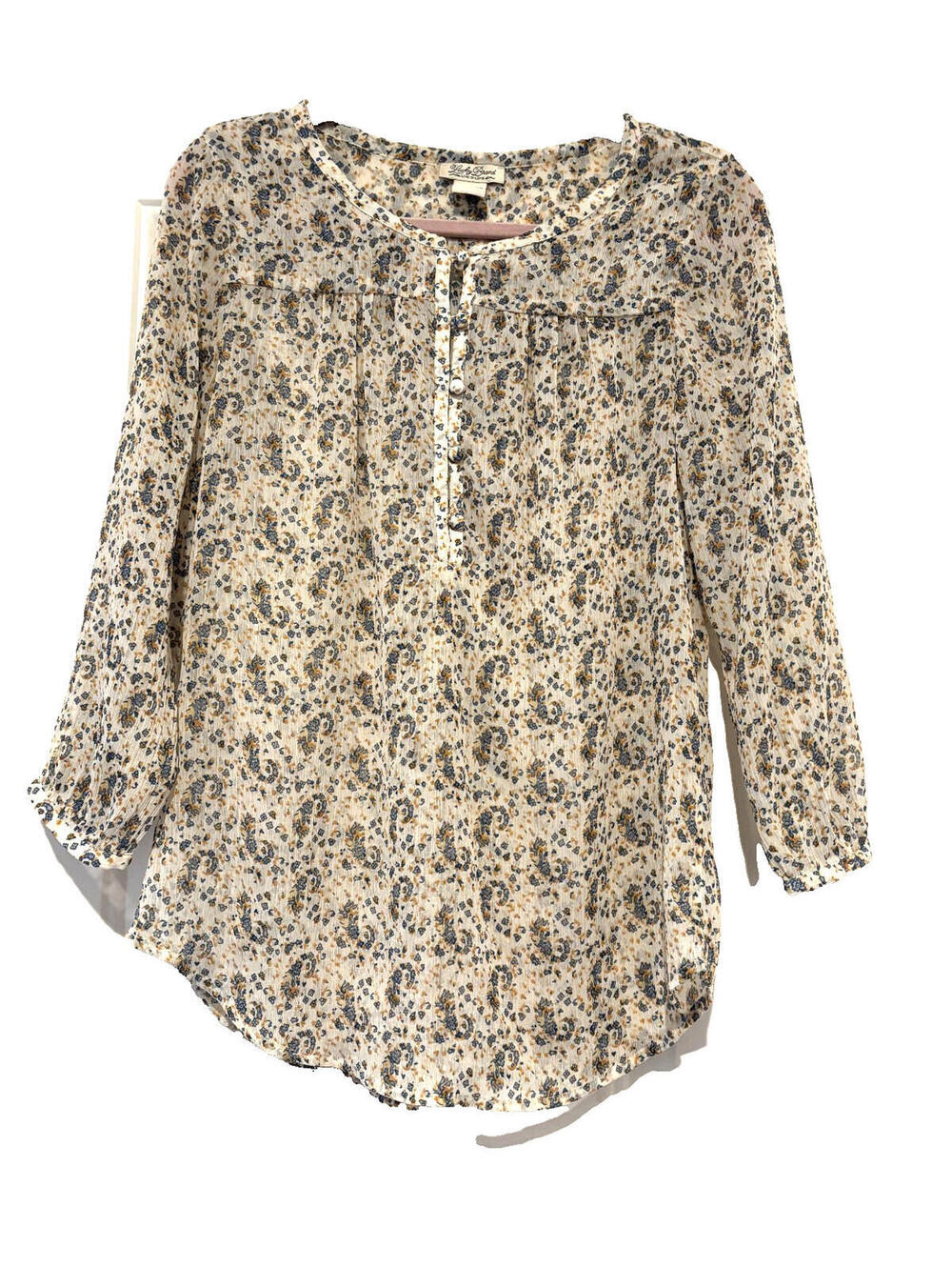 Lucky Brand sz S cream floral sheer long sleeve boho blouse E